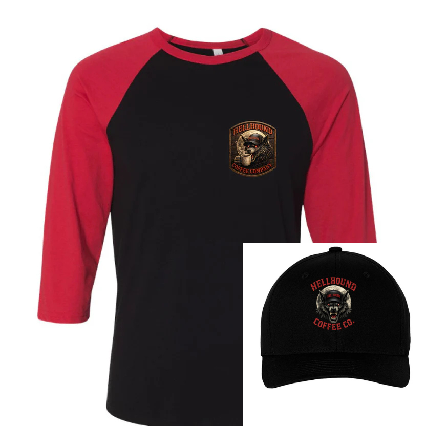 Black Baseball Cap/Red and Black 3/4 Sleeve Baseball Shirt