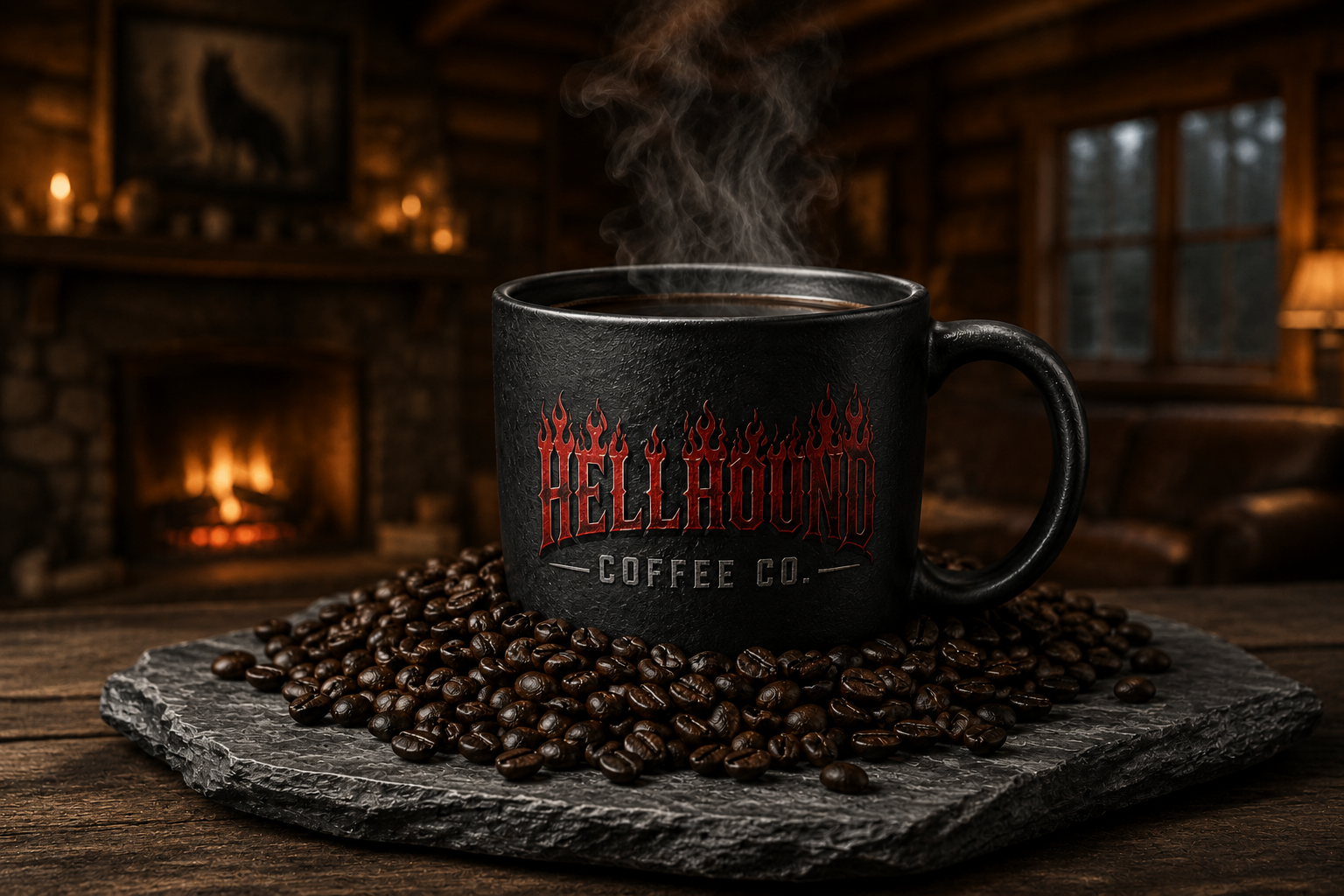 Black mug with 'Hellhound Coffee Co.' logo on a slate coaster with coffee beans, in a cozy room with a fireplace.